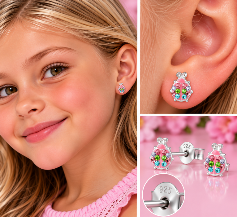 Joy|S - Zilveren lieveheersbeestje oorbellen - 7 x 9 mm - zilver roze met gekleurde kristalletjes - kinderoorbellen