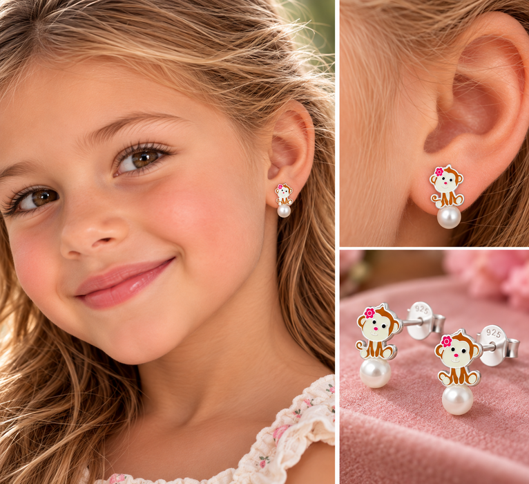 Joy|S - Zilveren aap oorbellen op parel 8 x 15 mm Sterling zilver 925