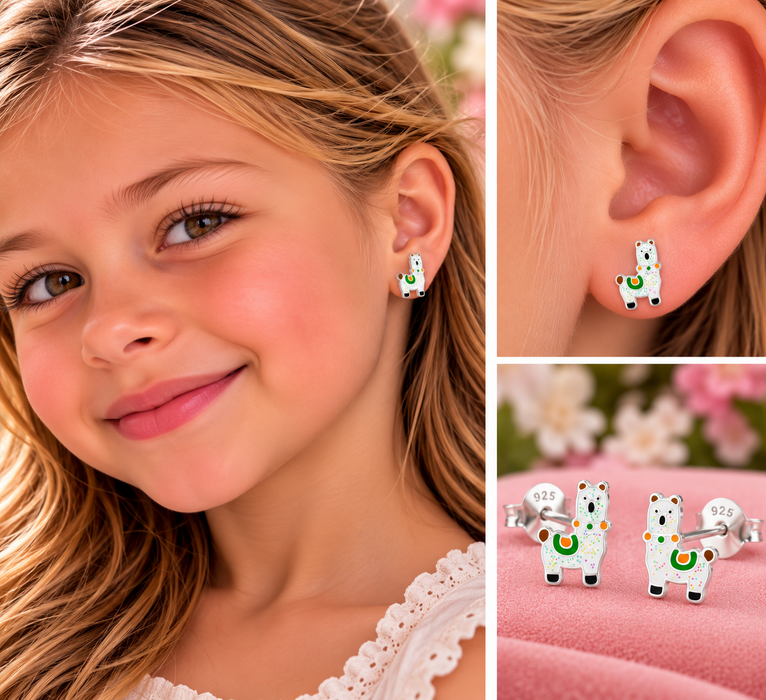 Joy|S - Zilveren alpaca lama oorbellen - 8 x 11 mm - met glitters - kinderoorbellen