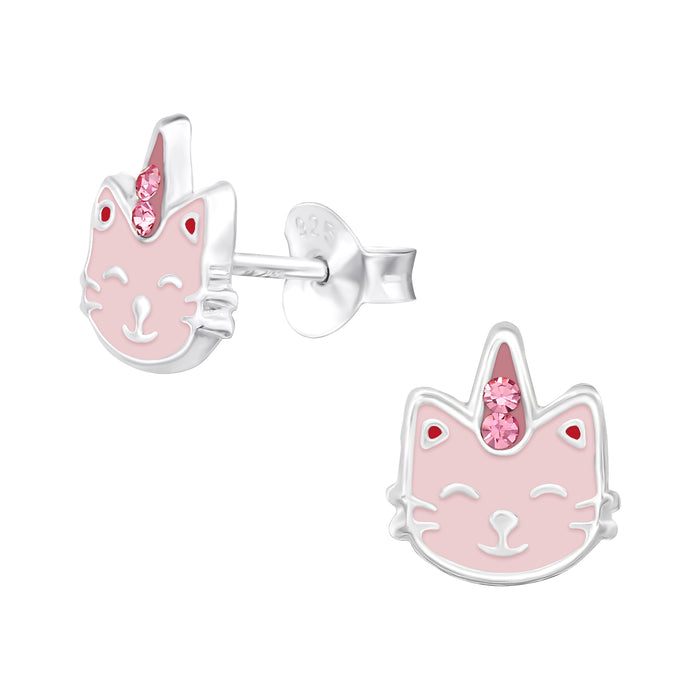 Joy|S - Zilveren kat poes oorbellen - roze met roze kristal - caticorn