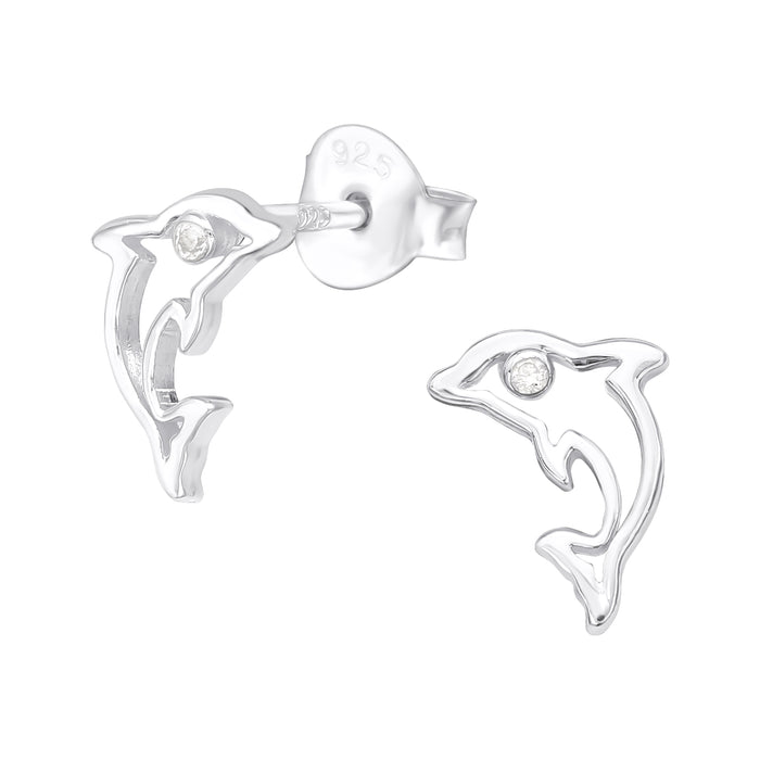 Joy|S - Zilveren dolfijn oorbellen - 6.5 x 8 mm - zirkonia - kinderoorbellen
