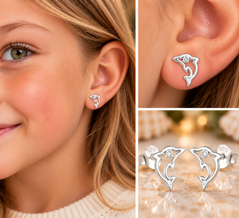 Joy|S - Zilveren dolfijn oorbellen - 6.5 x 8 mm - zirkonia - kinderoorbellen