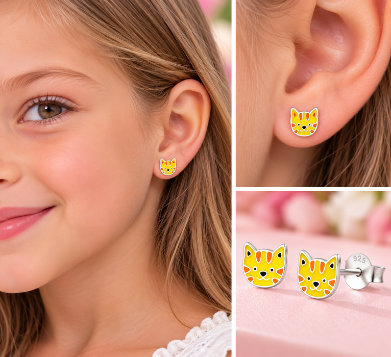 Joy|S - Zilveren tijger kat / poes oorbellen - 8 x 7 mm - geel oranje