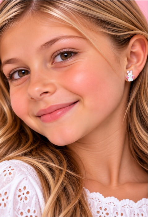 Joy|S - Zilveren konijn met engel vleugels - 10 x 9 mm - roze met glitter - sterling zilver 925 - kinderoorbellen