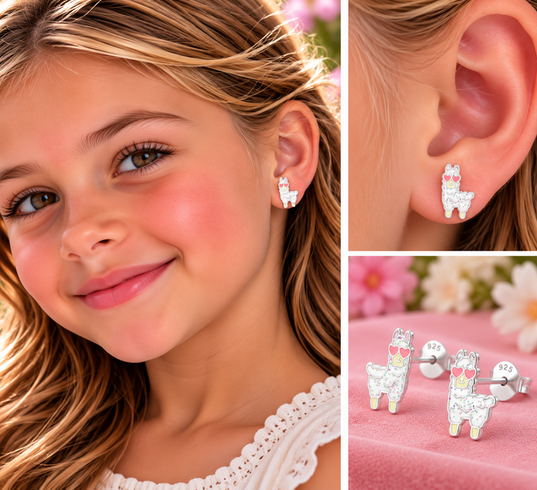 Joy|S - Zilveren alpaca lama oorbellen - met roze hartjes bril - 8 x 11 mm - kinderoorbellen