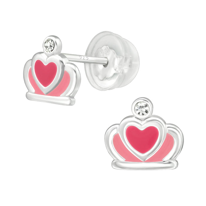 Joy|S - Zilveren kroon oorbellen - prinses - 8 x 7 mm - roze met kristal - zacht siliconen vlindersluiting