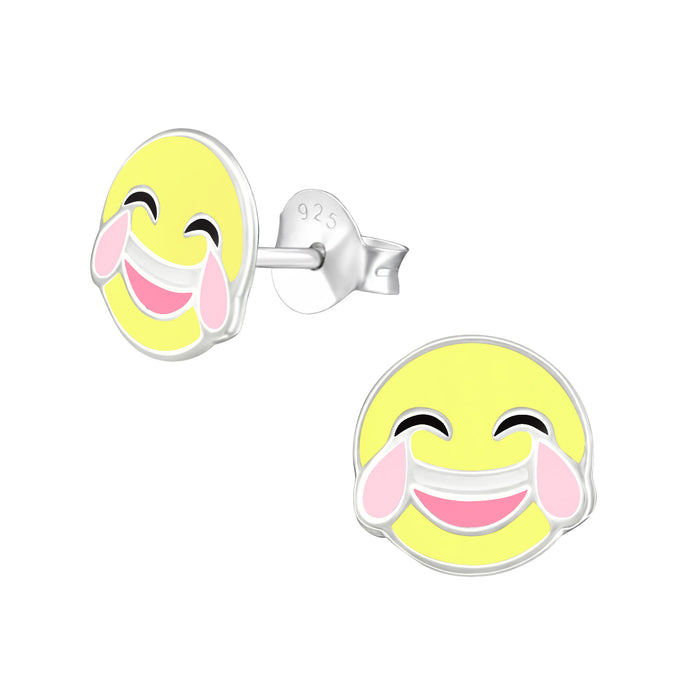 Joy|S - Zilveren smiley oorbellen - emoji - geel roze - 8 mm