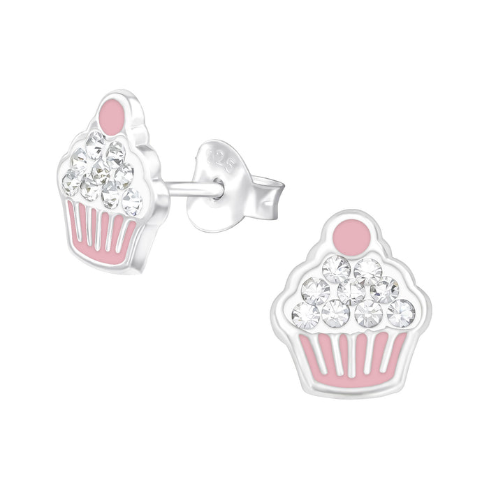 Joy|S - Zilveren cupcake oorbellen - 8 x 9 mm - roze wit - kristal