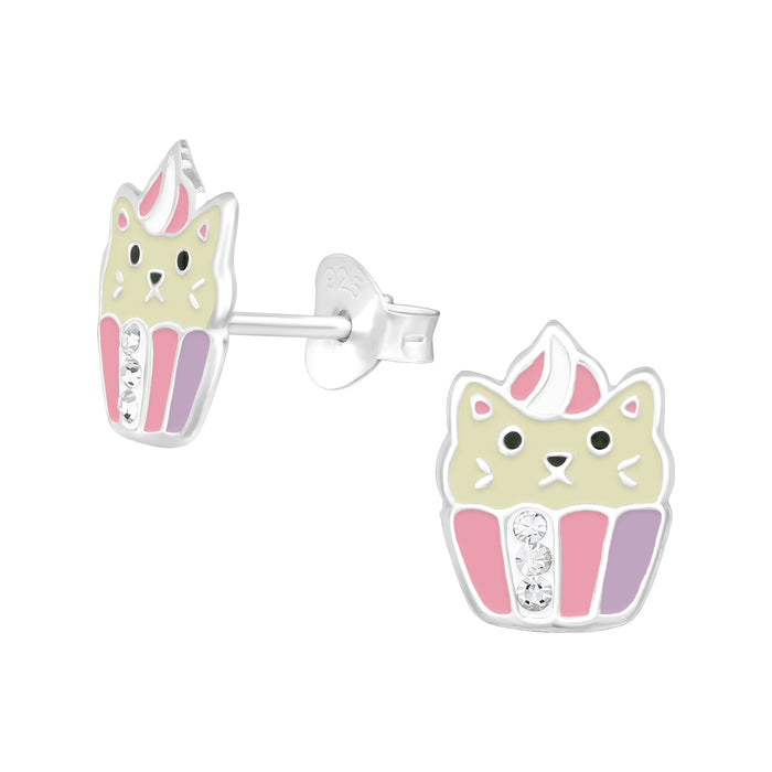Joy|S - Zilveren kat in cupcake oorbellen - 8 x 10 mm - kristal