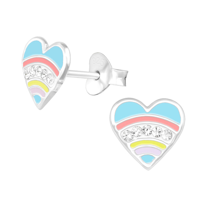 Joy|S - Zilveren hartje oorbellen - pastel regenboog - kristal - 8 mm - kinderoorbellen