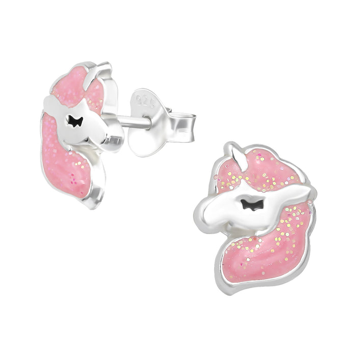 Joy|S - Zilveren eenhoorn oorbellen - 7 x 9 mm - glitter roze - unicorn