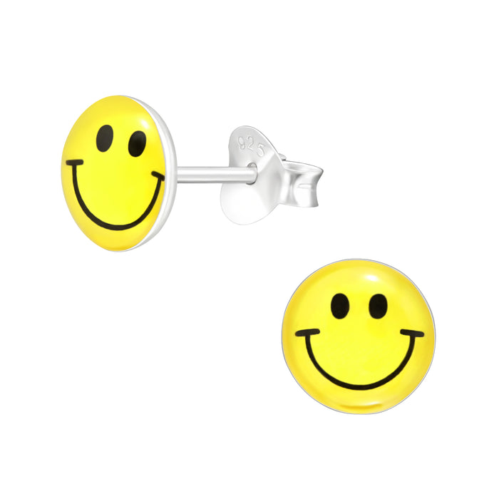 Joy|S - Zilveren smiley oorbellen - emoji - 7 mm - geel