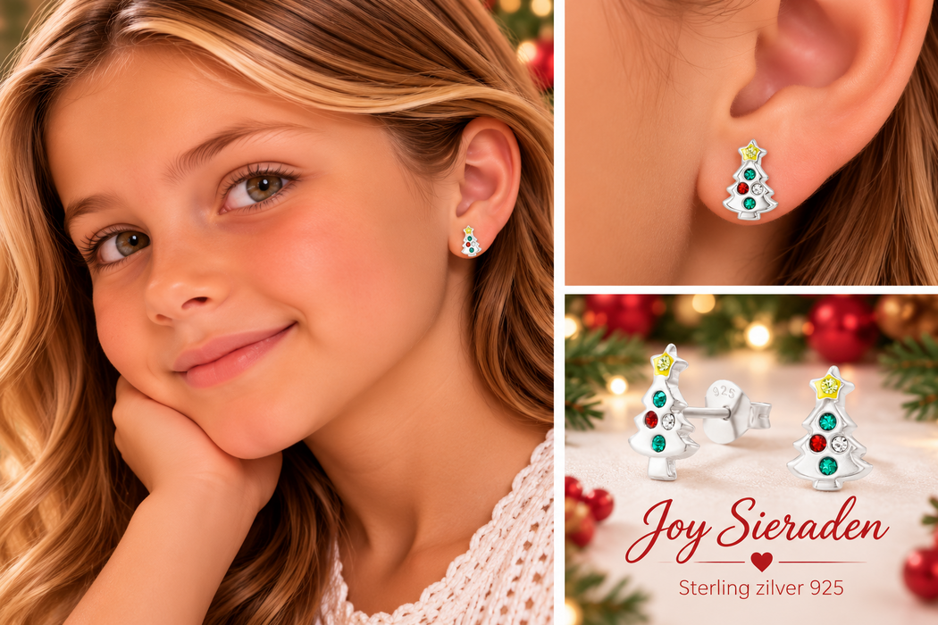 Joy|S - Zilveren kerstboom oorbellen - 6 x 10 mm - zilver met kristalletjes - kerst oorknoppen - kinderoorbellen