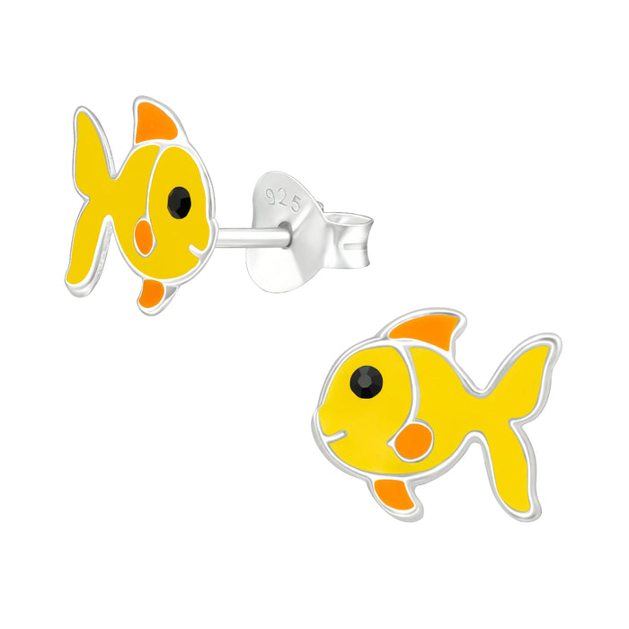 Joy|S - Zilveren vis oorbellen - 9 x 8 mm - geel oranje - kinderoorbellen