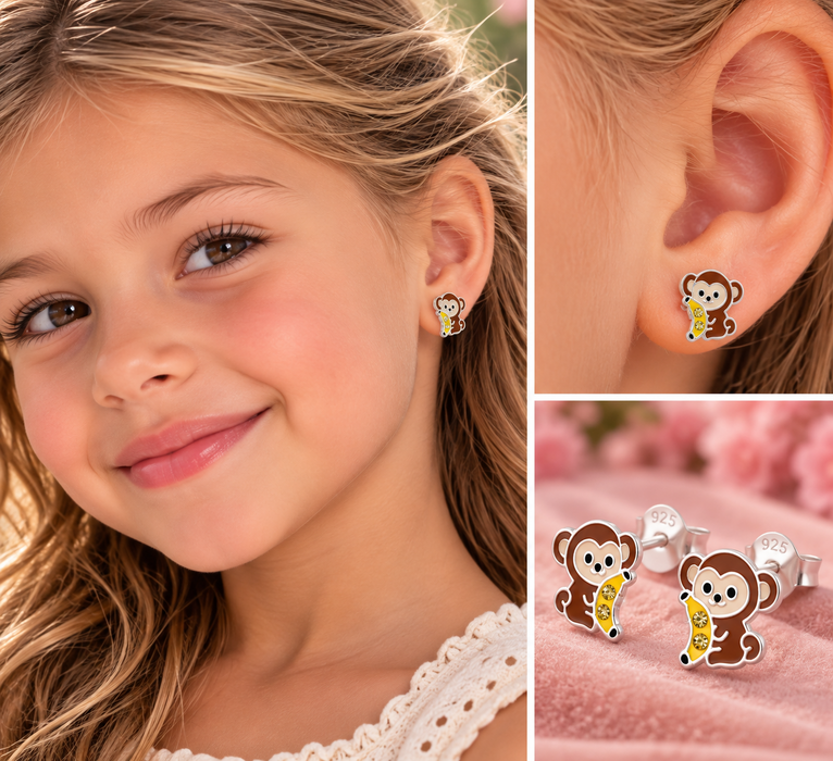 Joy|S - Zilveren aap oorbellen met een banaan - 9 x 8 mm - kristal
