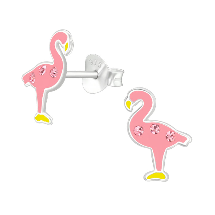 Joy|S - Zilveren flamingo oorbellen - 7 x 11 mm - roze met roze kristal