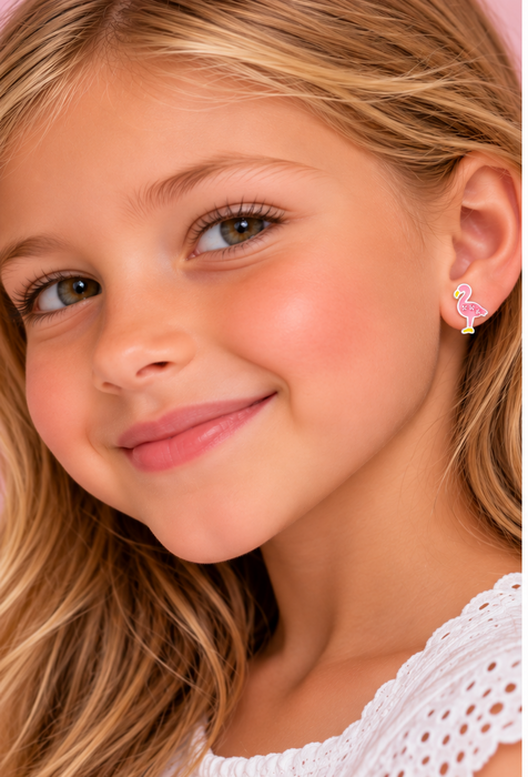Joy|S - Zilveren flamingo oorbellen - 7 x 11 mm - roze met roze kristal - roze flamingo oorknoppen - sterling zilver 925 - kinderoorbellen