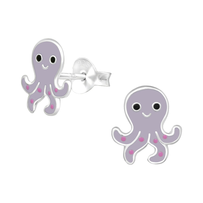 Joy|S - Zilveren octopus oorbellen - 8 x 9.5 mm - paarse inktvis oorknoppen