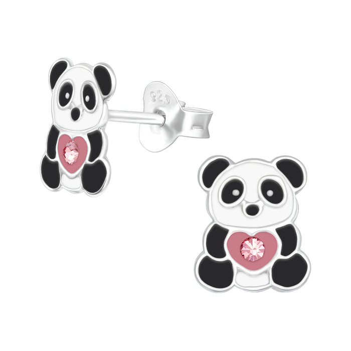 Joy|S - Zilveren panda oorbellen met hartje - 7 x 9 mm - roze kristal