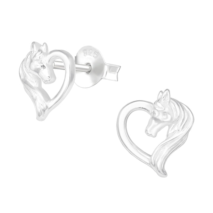 Joy|S - Zilveren paard hartje oorbellen - 7 x 8 mm - massief hartje oorknoppen met paardenhoofd