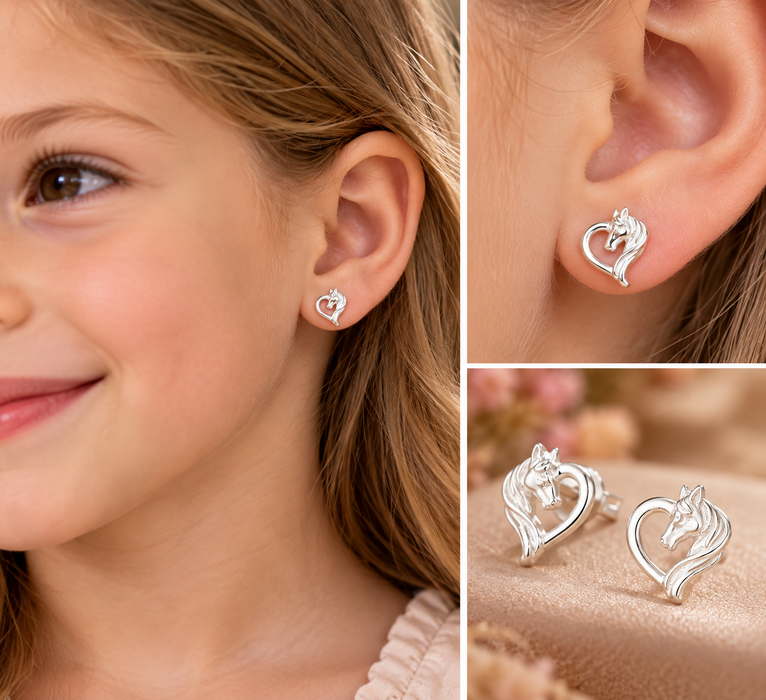 Joy|S - Zilveren paard hartje oorbellen - 7 x 8 mm - massief hartje oorknoppen met paardenhoofd