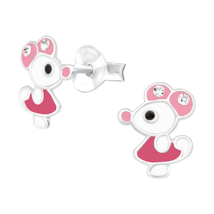 Joy|S - Zilveren muis oorbellen - 7 x 9 mm - wit roze - kristal