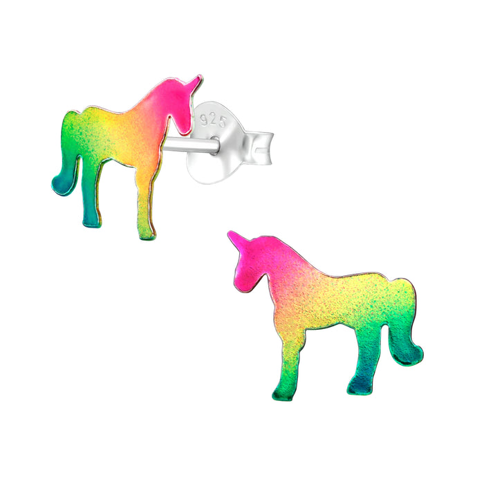 Joy|S - Zilveren regenboog paard oorbellen - 11 x 10 mm - oorknoppen eenhoorn