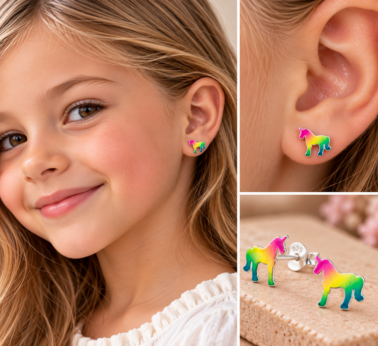 Joy|S - Zilveren regenboog paard oorbellen - 11 x 10 mm - oorknoppen eenhoorn