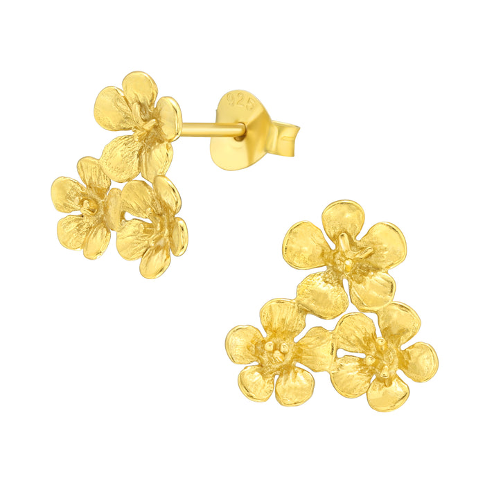 Joy|S - Zilveren bloem oorbellen - 12 mm - 3 bloemen oorknoppen - goudplating