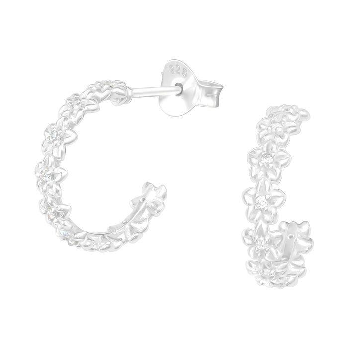 Joy|S - Zilveren bloemen oorbellen - oorringen stud - 3 mm/ 13 mm - kristal