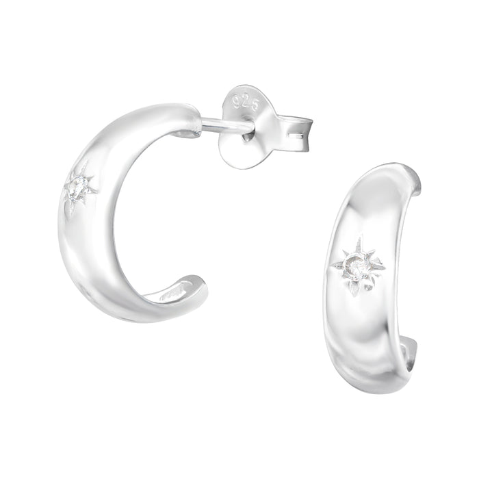 Joy|S - Zilveren oorringen stud - 12 mm - halve hoepel oorbellen - zirkonia