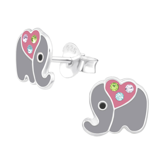 Joy|S - Zilveren olifant oorbellen - 8 x 7 mm - grijs met roze hartje - kristal