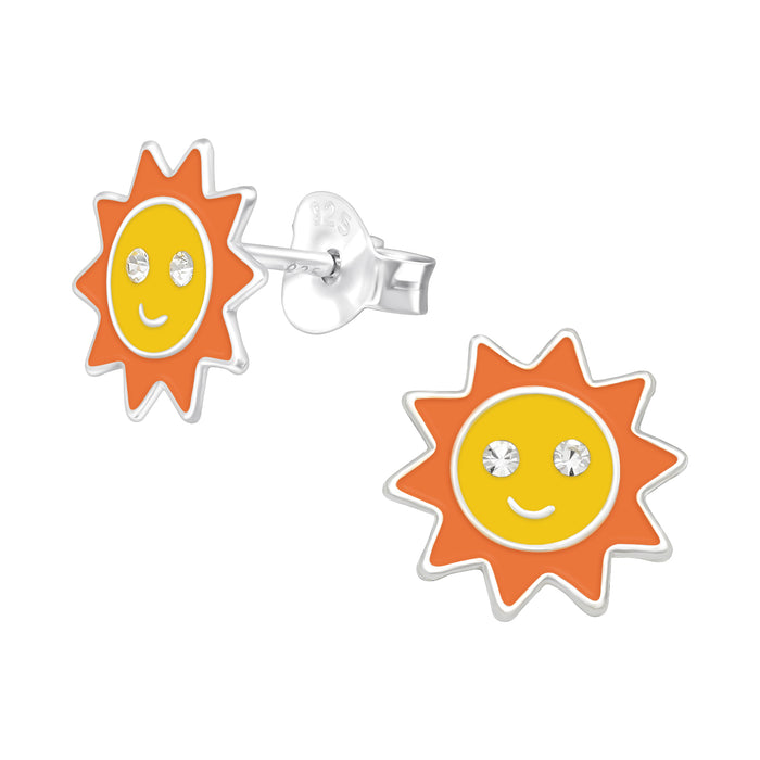 Joy|S - Zilveren zon oorbellen - 9 mm - geel oranje
