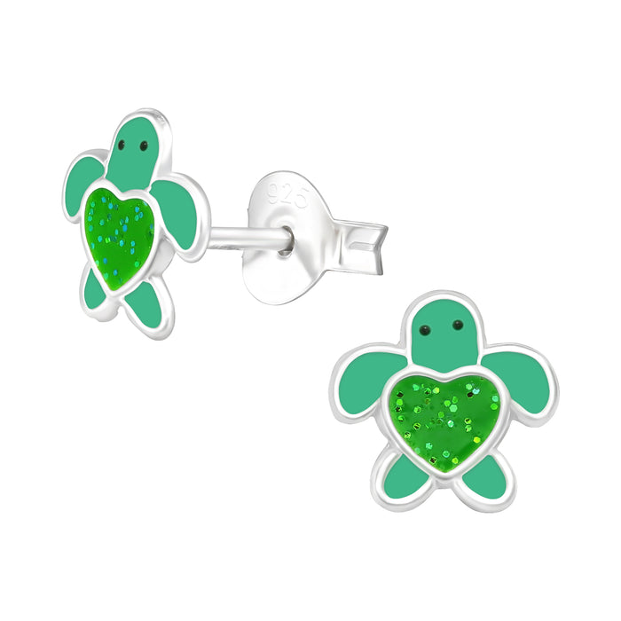 Joy|S - Zilveren schildpad oorbellen - 7 mm - groen met groene glitter hartje - kinderoorbellen