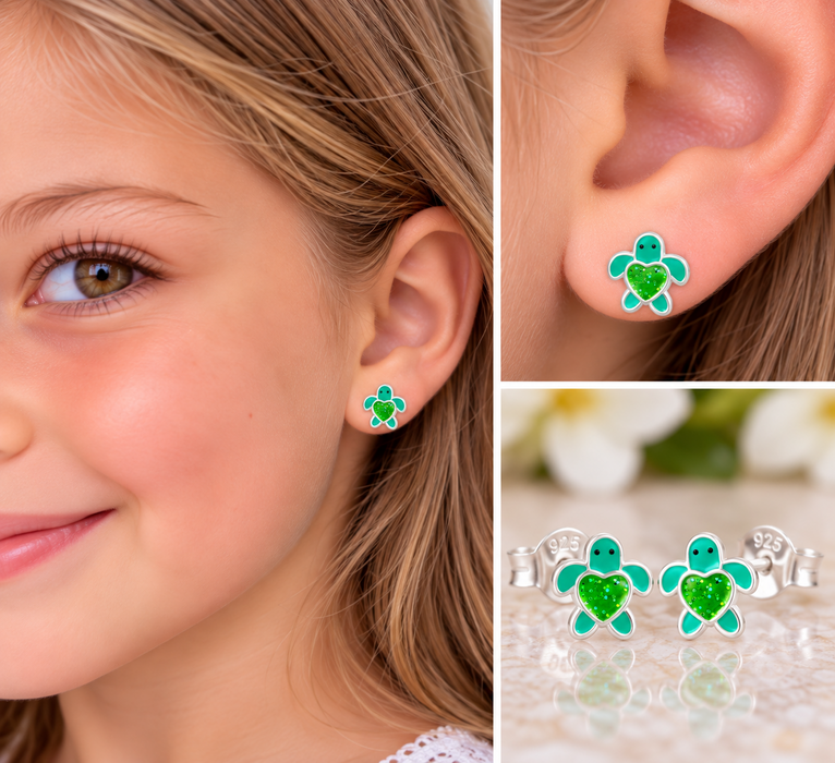 Joy|S - Zilveren schildpad oorbellen - 7 mm - groen met groene glitter hartje - kinderoorbellen