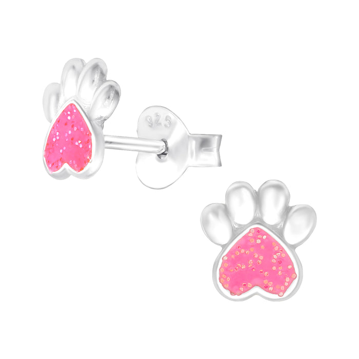 Joy|S - Zilveren kat hond dierenpoot oorbellen - zilver roze met glitters - 6 mm - poot afdruk - kinderoorbellen