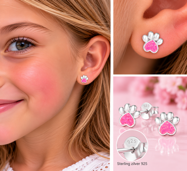 Joy|S - Zilveren kat hond dierenpoot oorbellen - zilver roze met glitters - 6 mm - poot afdruk - kinderoorbellen