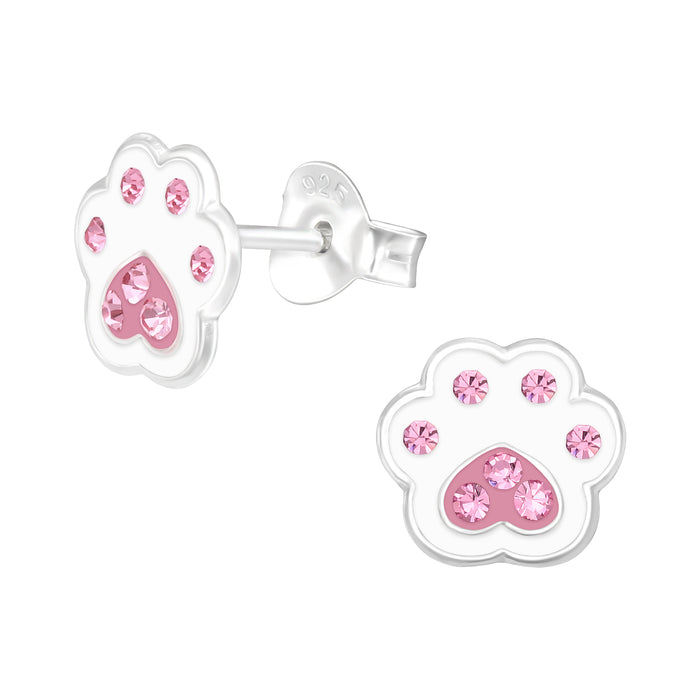 Joy|S - Zilveren kat hond dierenpoot oorbellen - 8 x 7 mm - poot afdruk - wit met roze