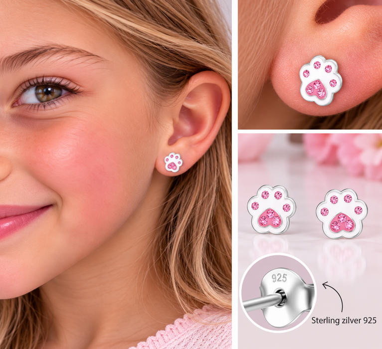 Joy|S - Zilveren kat hond dierenpoot oorbellen - 8 x 7 mm - poot afdruk - wit met roze