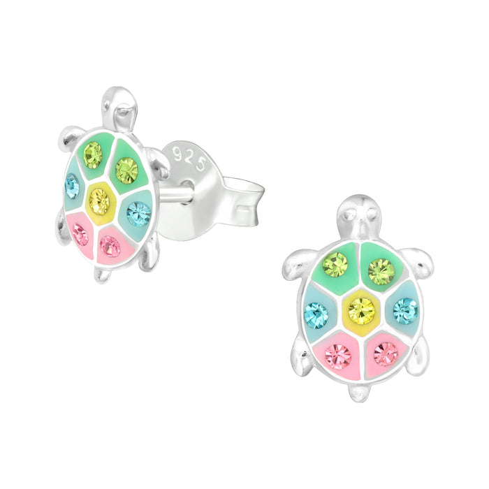 Joy|S - Zilveren schildpad oorbellen - 6 x 9 mm - kristal multicolor - kinderoorbellen