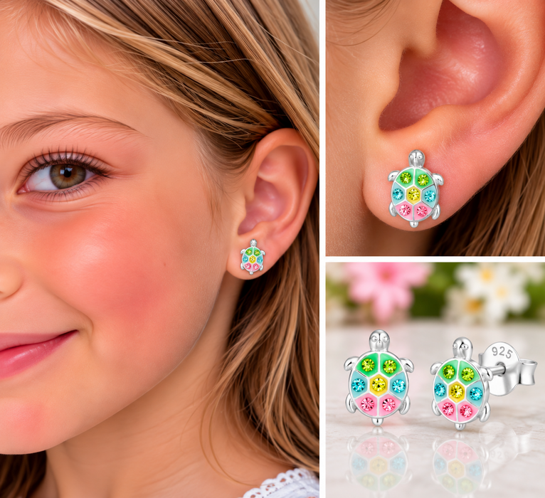 Joy|S - Zilveren schildpad oorbellen - 6 x 9 mm - kristal multicolor - kinderoorbellen
