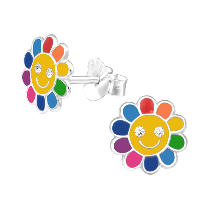 Joy|S - Zilveren bloem oorbellen - 8 mm - multicolor - kristal - kinderoorbellen