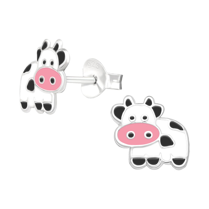 Joy|S - Zilveren koe oorbellen - 9 x 8 mm - zwart wit roze - kinderoorbellen