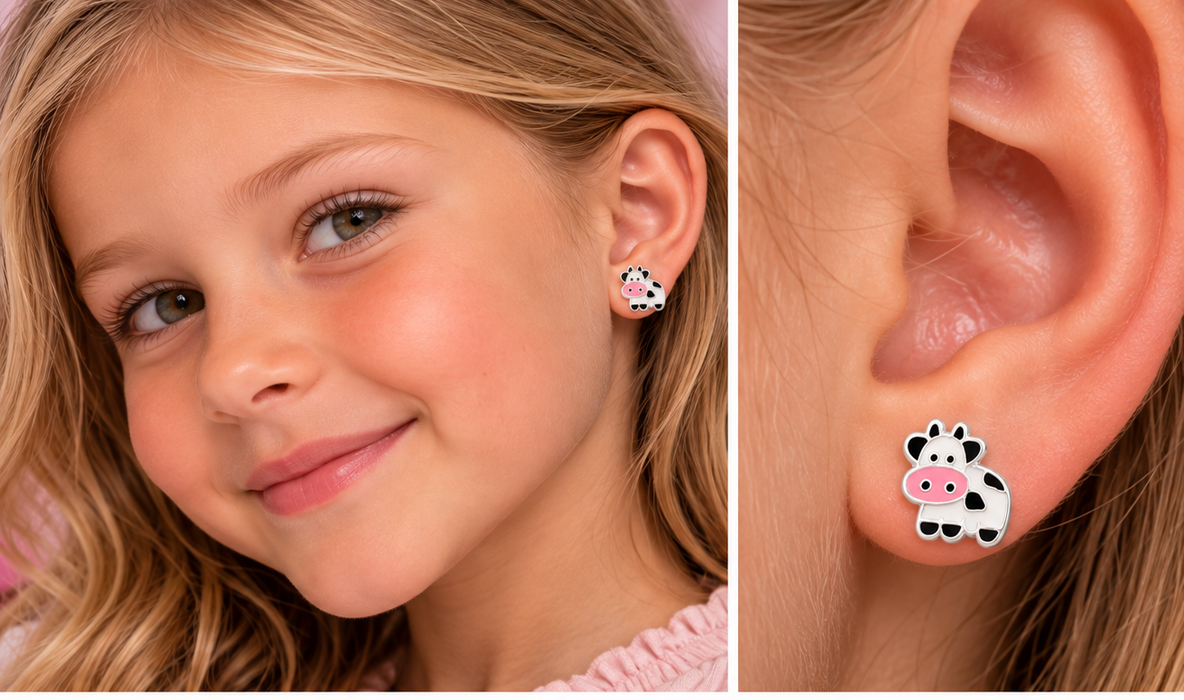 Joy|S - Zilveren koe oorbellen - 9 x 8 mm - zwart wit roze - kinderoorbellen