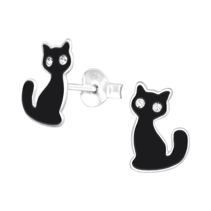 Joy|S - Zilveren kat poes oorbellen - 7 x 10 mm - zwart - kristal oogjes