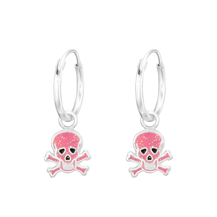 Joy|S - Zilveren skull bedel oorbellen - oorringen - doodskop - roze met glitter - kinderoorbellen halloween