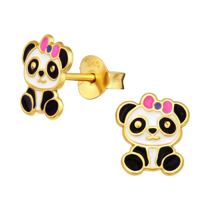 Joy|S - Zilveren panda oorbellen - 7 x 8 mm - roze strikje - goudplating