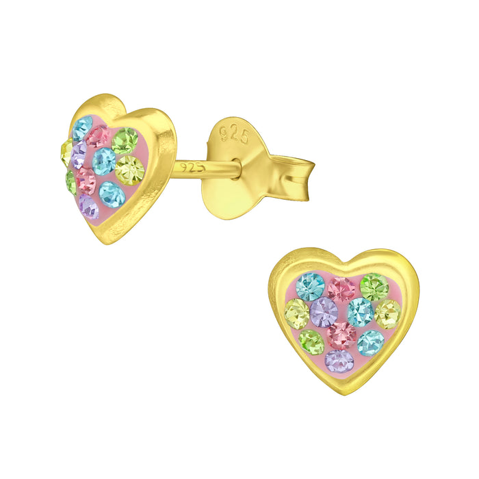 Joy|S - Zilveren hartje oorbellen - 6 mm - goud roze gekleurde kristalletjes - goudplating - kinderoorbellen
