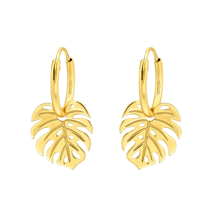 Joy|S - Zilveren blad bedel oorbellen - monstera - oorringen - goudplating