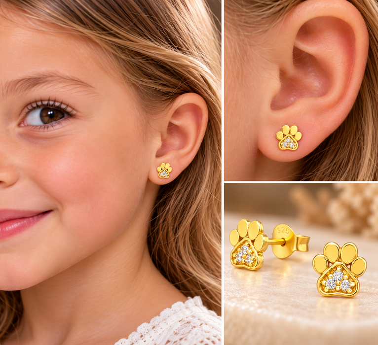 Joy|S - Zilveren kat hond dierenpoot oorbellen - 6 mm massief - zirkonia - poot afdruk - goudplating